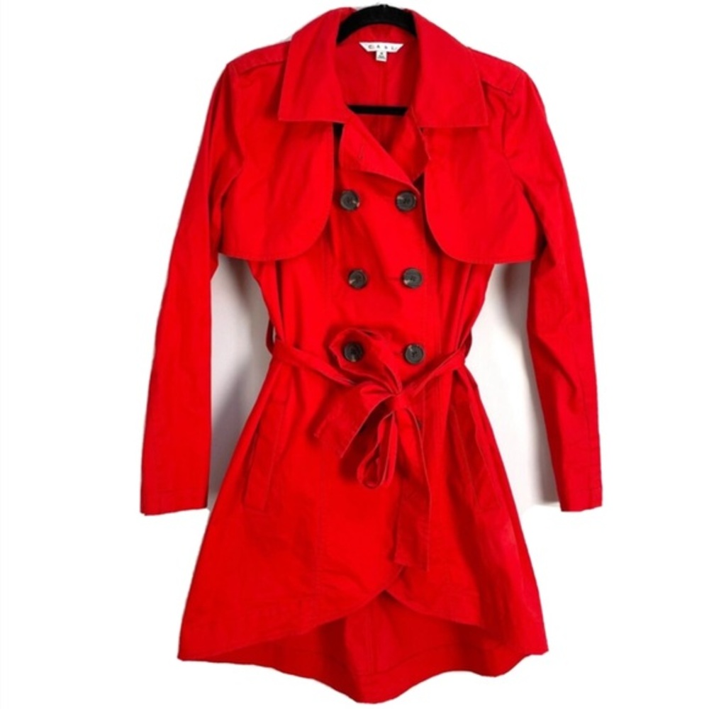 Cabi Women's 4 Red Double Breasted Belted Trench Coat Jacket‎ Detachable Sleeves